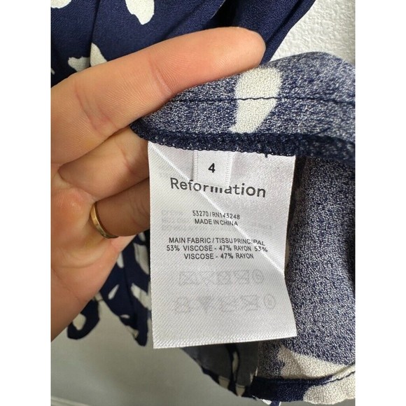 Reformation Women's Cami Mini Dress Splatter Puff Sleeve Navy White Size 4 - Picture 7 of 11